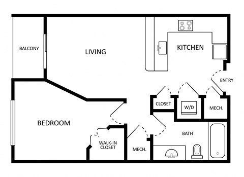 Floor plan for 1 bed, 1 bath, 577 sqft